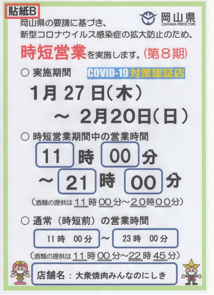 営業時間、アルコール販売時間短縮について